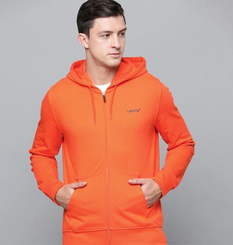 Men Orange Solid Hooded Sweatshirt